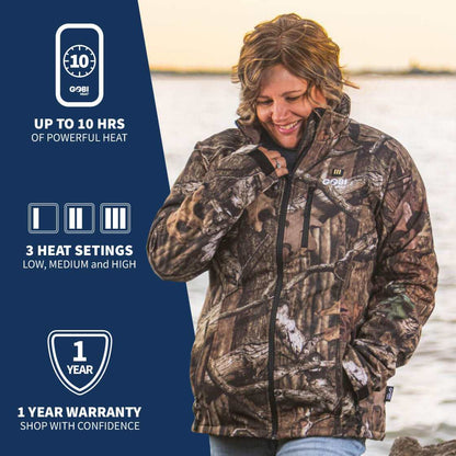 Sahara Women's Heated Hunting Jacket in Mossy Oak Camo with adjustable heat settings and three heat zones, ideal for outdoor activities.