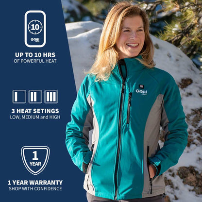 Sahara women's heated jacket with adjustable heat settings and 10-hour battery life.