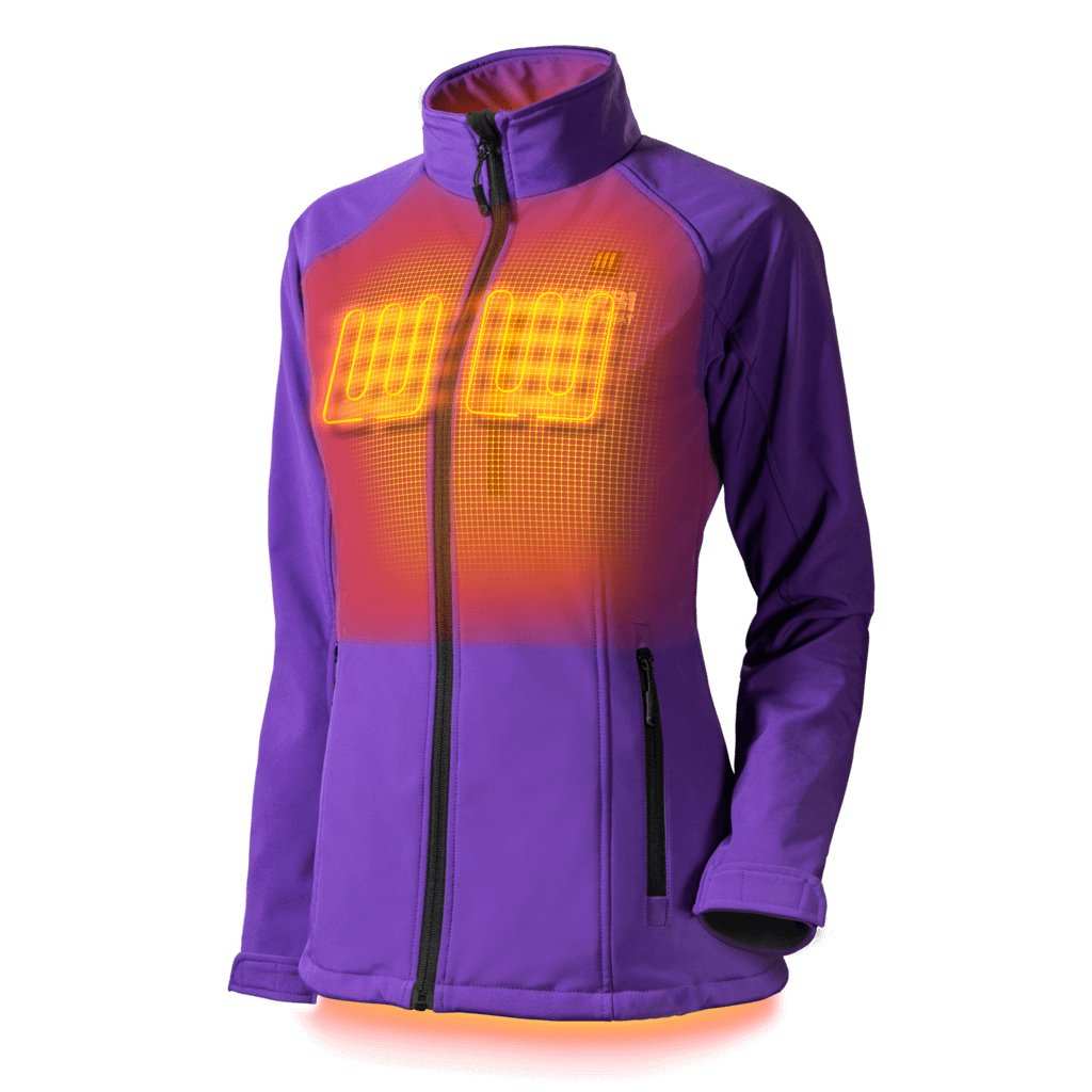 Sahara women's heated jacket in purple with built-in heater, featuring heat zones and adjustable settings.