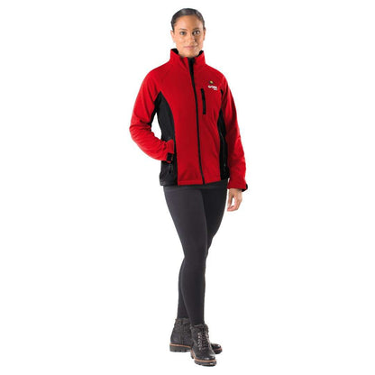 Sahara Womens Heated Jacket with built-in heater, velcro cuffs, and wind-resistant softshell, available in stylish colors.