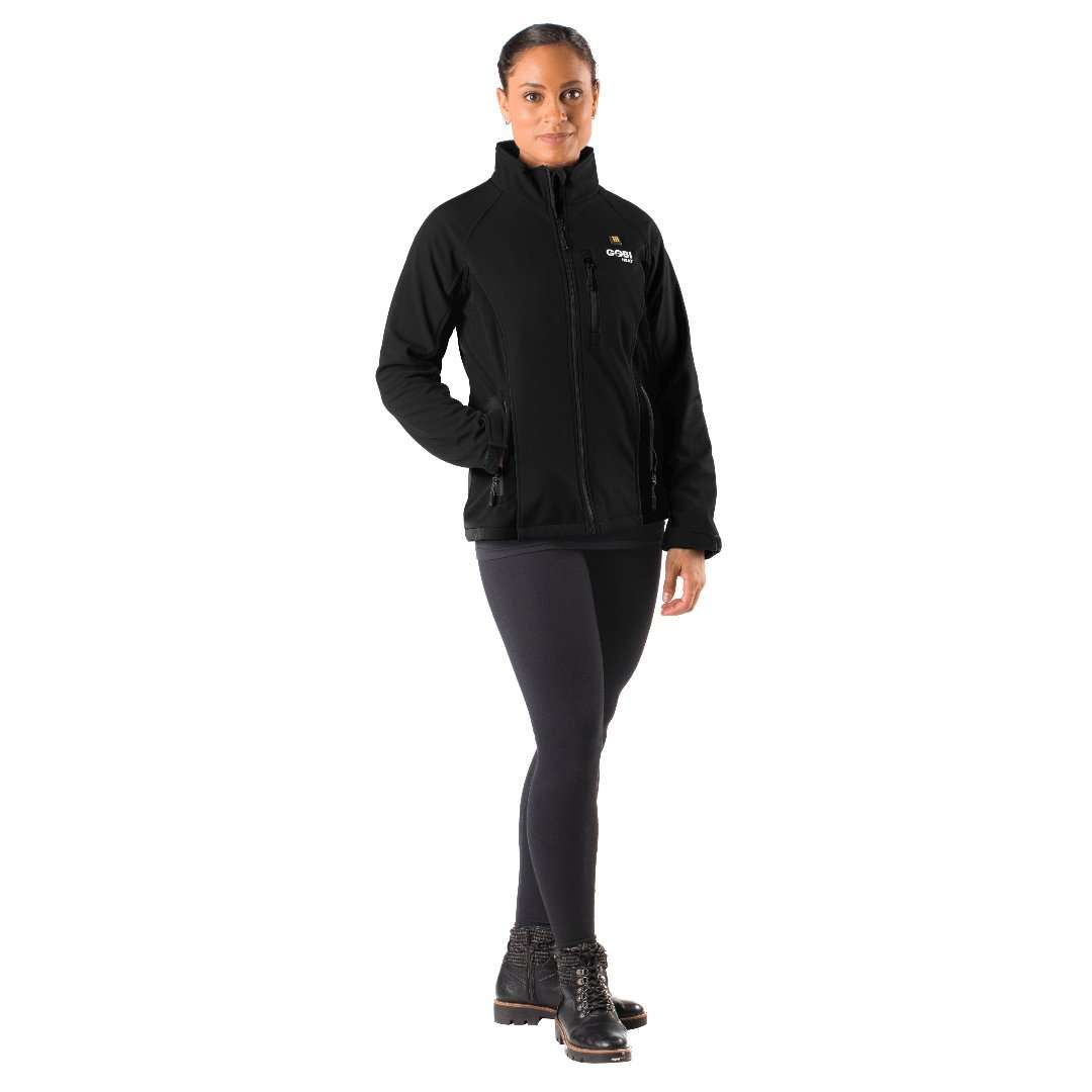 Sahara Womens Heated Jacket by Gobi Heat in black, featuring wind and water-resistant softshell with adjustable heat settings.