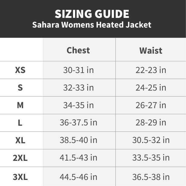 Size guide for Sahara Womens Heated Jacket, showing chest and waist measurements for sizes XS to 3XL.