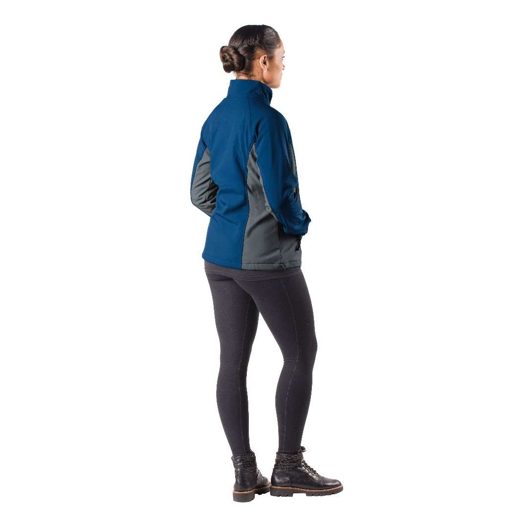 Woman wearing Sahara Women's Heated Jacket in blue and gray, showcasing side and back view.