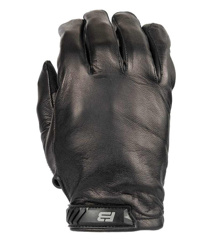 Cut-resistant Sentinel Gloves in black genuine leather with hook and loop wrist closure.