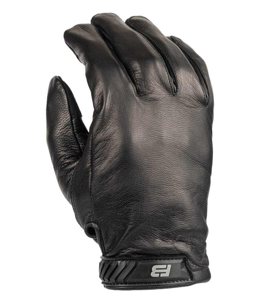 Black leather Sentinel Gloves with Level 5 cut-resistance and hook and loop closure.