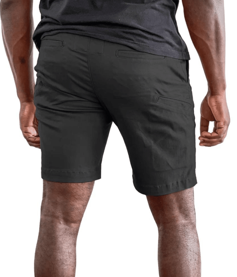 Tactical shorts featuring multiple pockets, black color, back view.