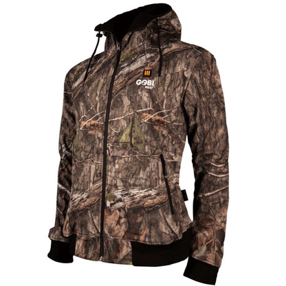 Shadow Heated Hunting Hoodie in Mossy Oak Camo with knit cuffs, wind and water resistance, and three heat zones.