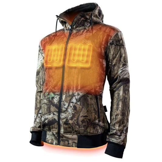 Shadow Heated Hunting Hoodie in Mossy Oak Camo with heat zones and knit cuffs.