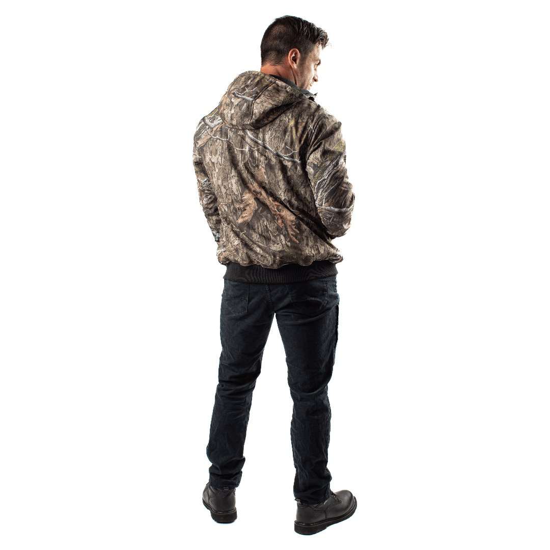 Shadow Heated Hunting Hoodie in Mossy Oak Camo, featuring soft-shell design, knit cuffs, wind, water, and abrasion resistance for hunting and outdoor activities.