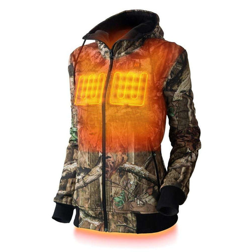 Shadow Womens Heated Hunting Hoodie in Mossy Oak Camo with knit cuffs and three heat settings