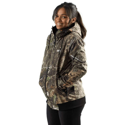 Shadow Women's Heated Hunting Hoodie in Mossy Oak Camo with adjustable heat settings, wind and water resistance.