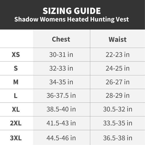 Sizing guide for Shadow Womens Heated Hunting Hoodie - Mossy Oak Camo with chest and waist measurements in XS to 3XL.