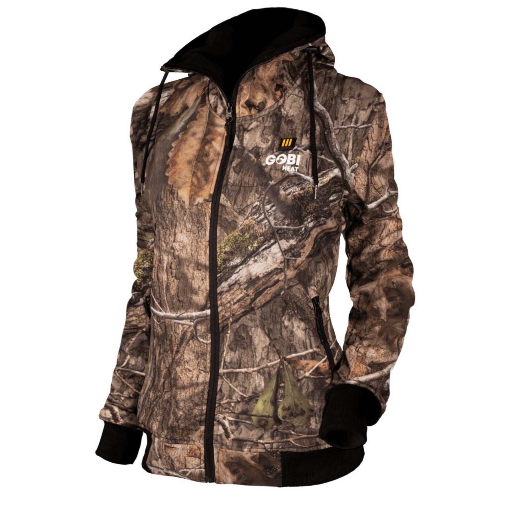 Shadow Women's Heated Hunting Hoodie in Mossy Oak Camo with adjustable heat settings and wind-resistant design.