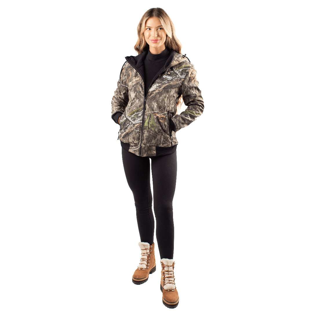 Shadow Womens Heated Hunting Hoodie in Mossy Oak Camo with knit cuffs, wind and water-resistant design.