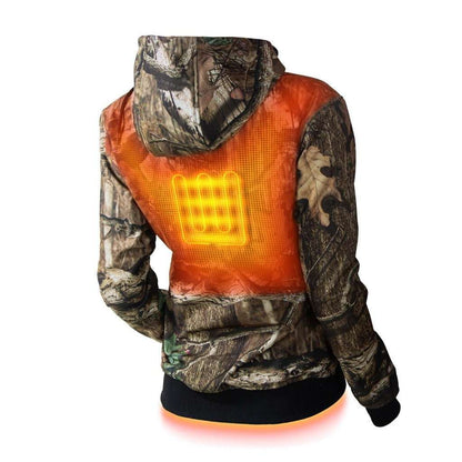 Shadow women's heated hunting hoodie with Mossy Oak camo, featuring heat zones and weather resistance.