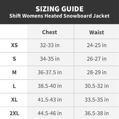 Sizing guide chart for Shift Womens Heated Snowboard Jacket showing chest and waist measurements for sizes XS to 2XL.