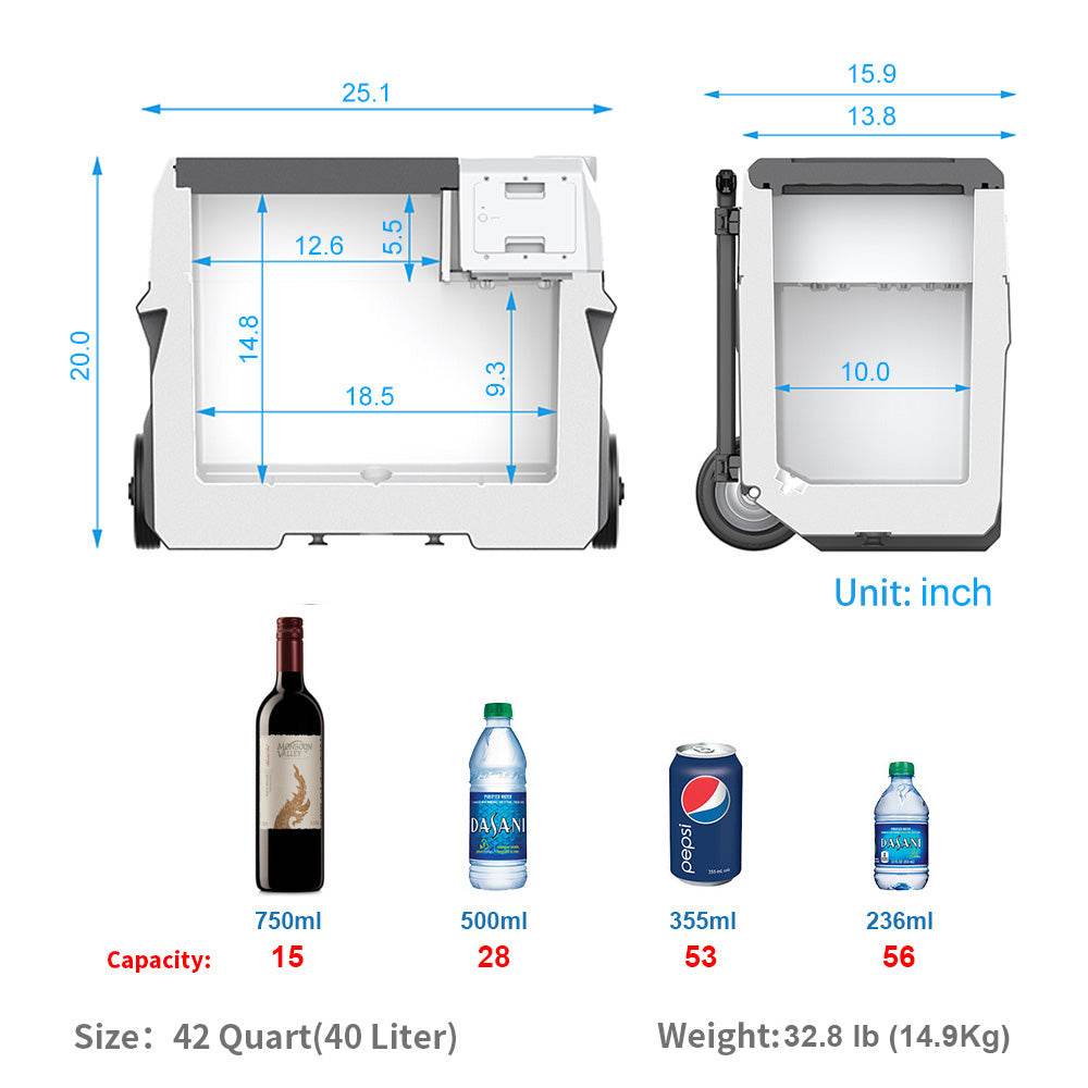 LiONCooler Combo X40A 42-Quart Solar Fridge Freezer with size dimensions and capacity illustration.