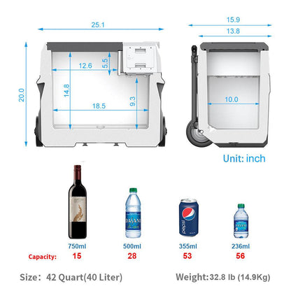 LiONCooler Combo X40A 42-Quart Solar Fridge Freezer with size dimensions and capacity illustration.