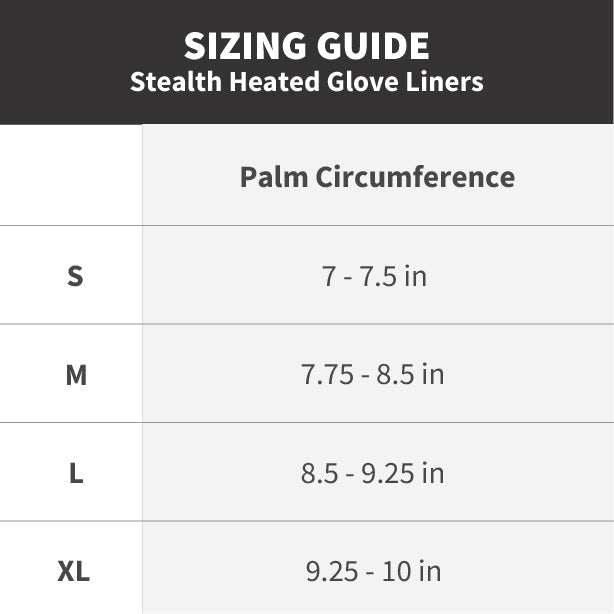 Sizing guide for Stealth Heated Glove Liners, showing palm circumference measurements for sizes S, M, L, and XL.