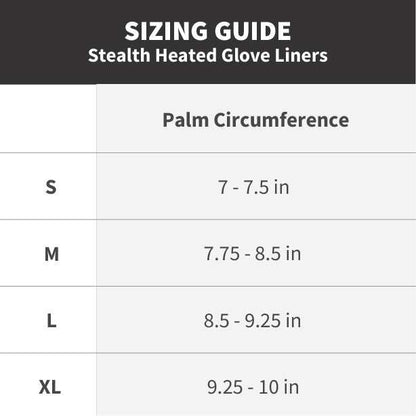 Sizing guide for Stealth Heated Glove Liners, showing palm circumference measurements for sizes S, M, L, and XL.