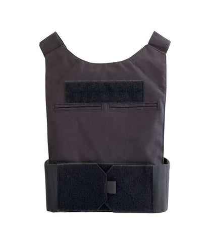 Stealth low visibility concealed body armor plate carrier in black with pockets and loop fasteners.