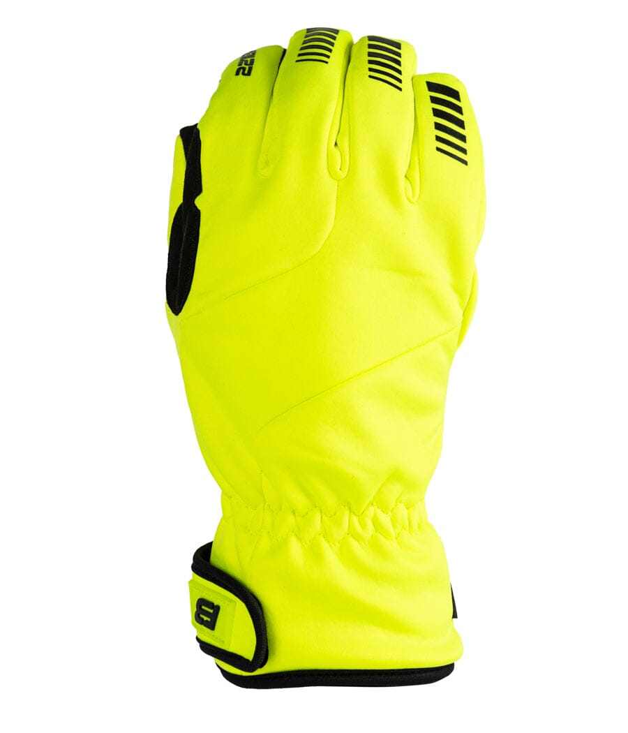 Bright yellow Summit Gloves with touch-screen tips, wind and water-resistant, featuring ultra-grip and extended wrist cuff for winter.