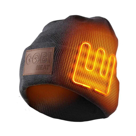 Summit Mens Heated Beanie with steel fiber heating, one-touch LED controller, and machine washable cotton/acrylic blend.