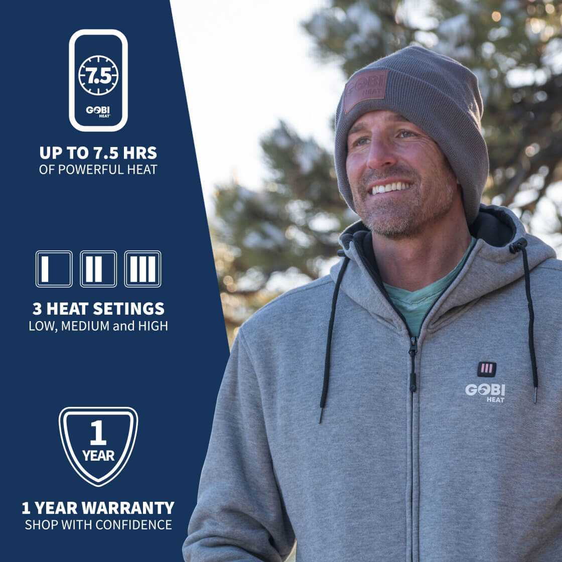 Summit Mens Heated Beanie with steel fiber heating, 7.5 hours of warmth, 3 heat settings, and 1-year warranty.