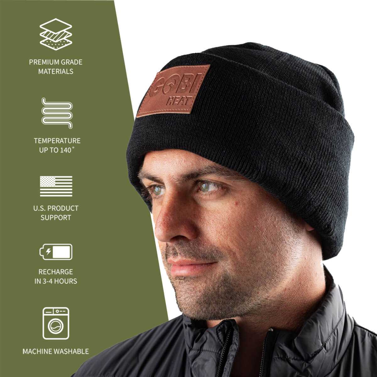 Summit Mens Heated Beanie with steel fiber heating, two heat zones, LED controller, and machine washable fabric.