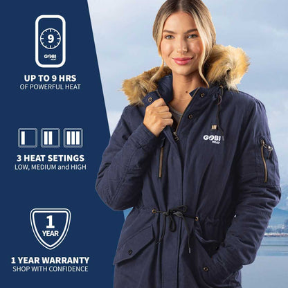 Terra Womens Heated Parka with faux fur hood, navy color, conductive threading for adjustable warmth, fishtail hem, Gobi Heat.