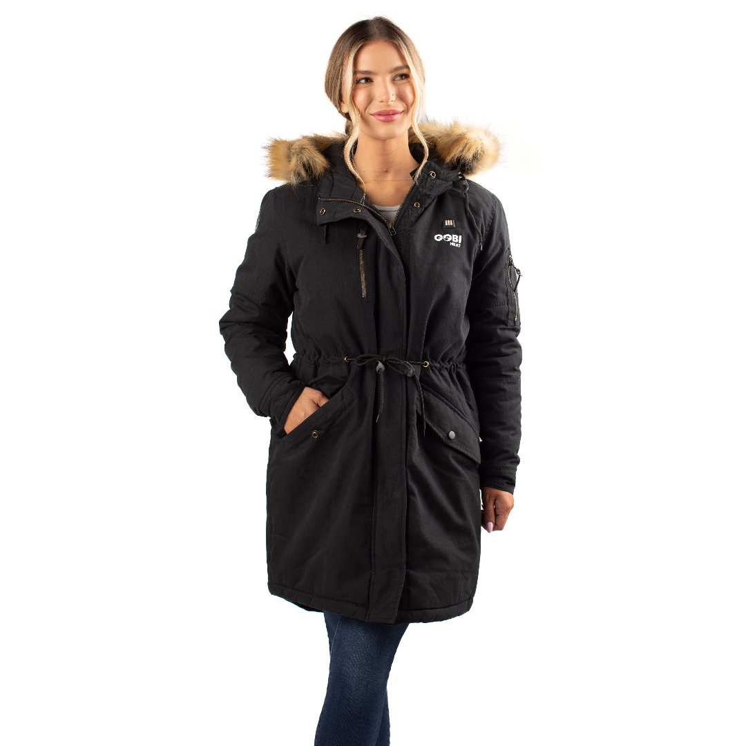 Terra Womens Heated Parka with faux fur hood in Navy, featuring conductive threading for temperature control.