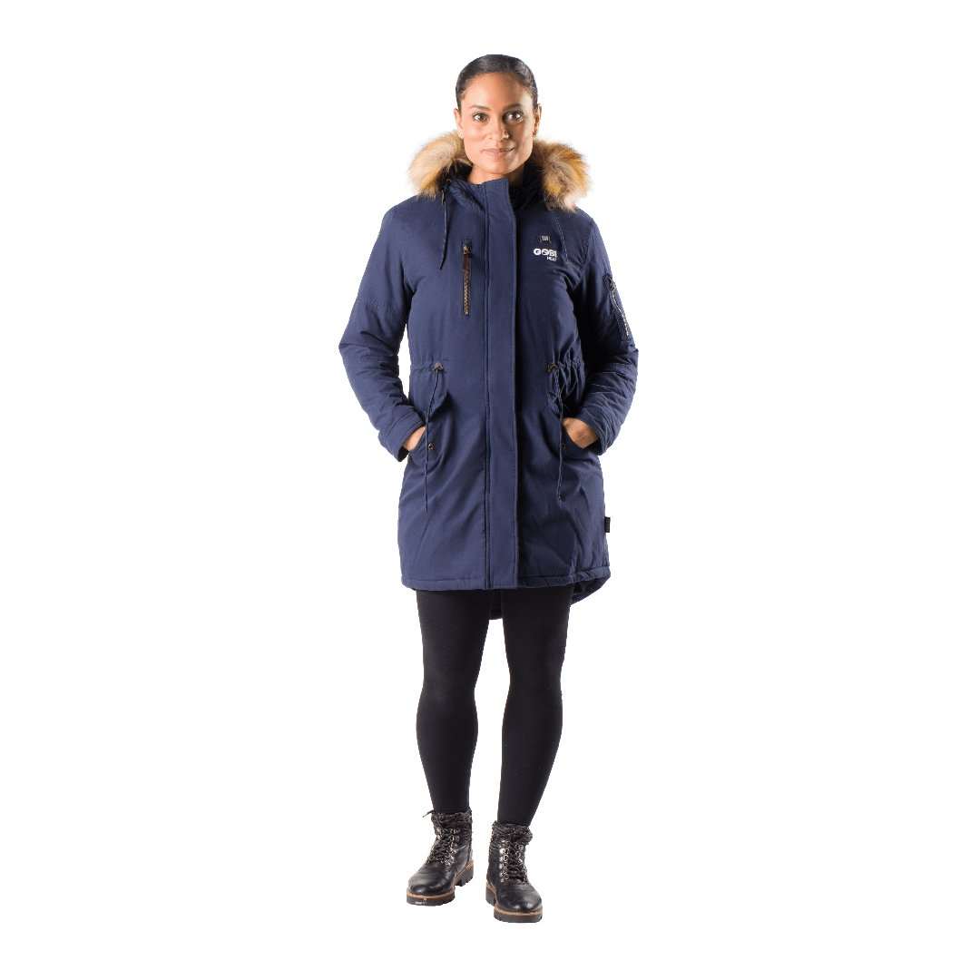 Navy Terra Womens Heated Parka with drawstring hood and faux fur trim.