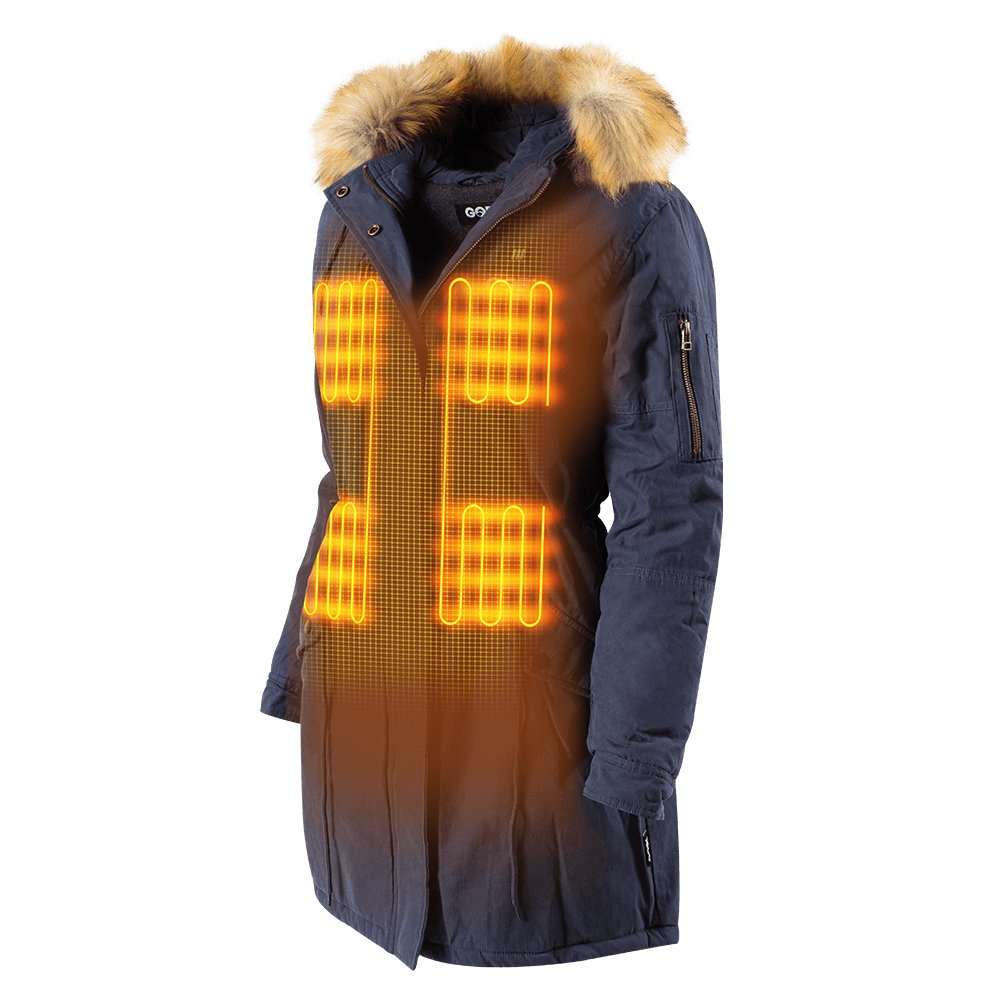 Navy Terra Women's Heated Parka with faux fur hood and conductive heating elements.