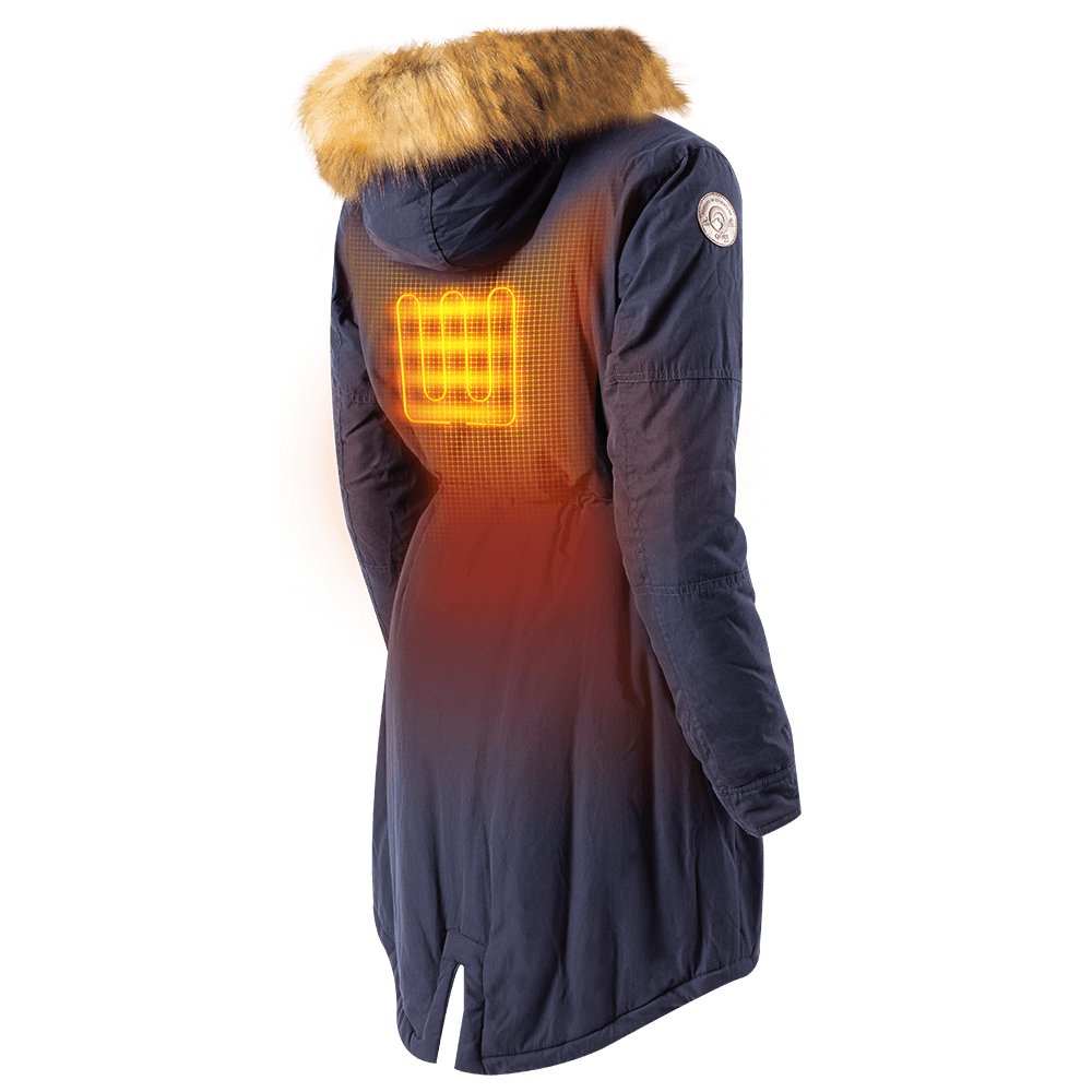 Navy Terra Women's Heated Parka with faux fur hood and warming system.