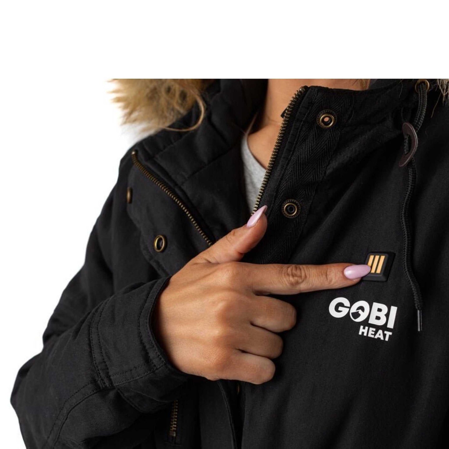 Terra Womens Heated Parka with drawstring hood and Gobi Heat logo.