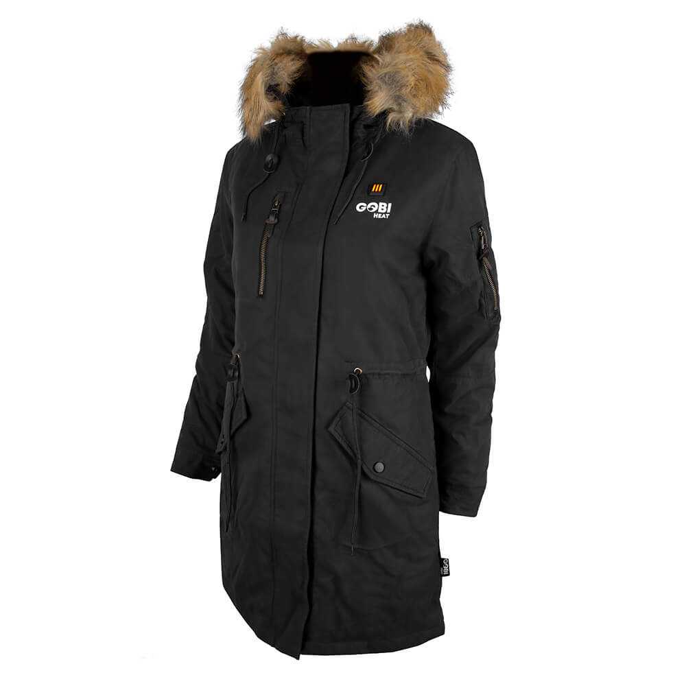 Terra Womens Heated Parka in Navy with drawstring hood and removable faux fur.