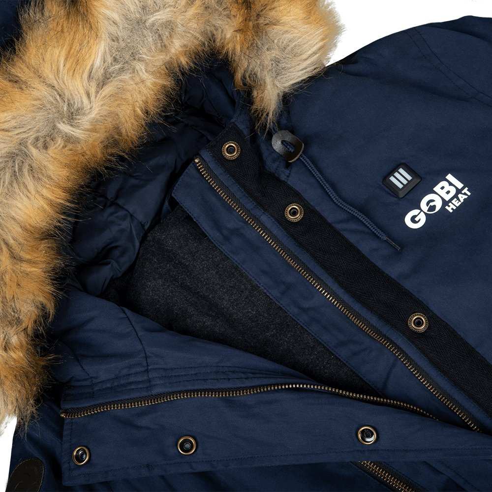 Navy Terra Women's Heated Parka with removable faux fur hood and flannel lining.