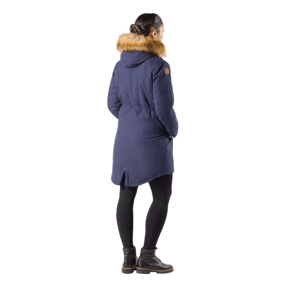 Navy Terra Women's Heated Parka with faux fur hood and fishtail hem, showcasing warm design for winter.