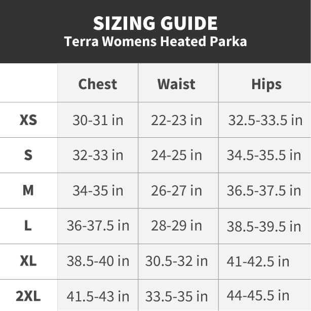 Sizing guide for Terra Women's Heated Parka with measurements for chest, waist, and hips from XS to 2XL.