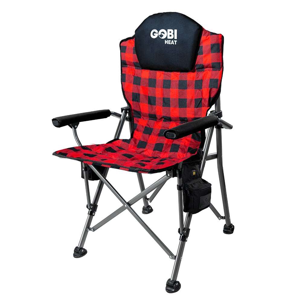 Red and black plaid Terrain Heated Camping Chair with padded arms and steel frame.