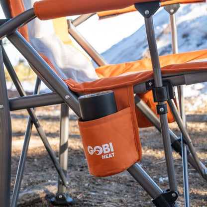 Heated camping chair with durable steel frame and polyester fabric, featuring a cup holder and battery-powered heat zones.