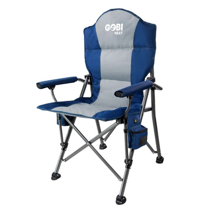 Terrain heated camping chair with steel frame, 600/300 Denier Polyester, and dual heat zones, featuring LED controller and cup holder.