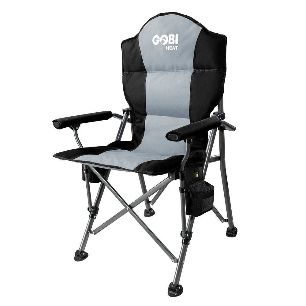 Terrain Heated Camping Chair with battery-powered heat zones, solid steel frame, and cup holder.