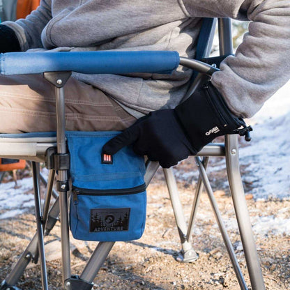 Terrain Heated Camping Chair with battery power and cup holder in outdoor setting.