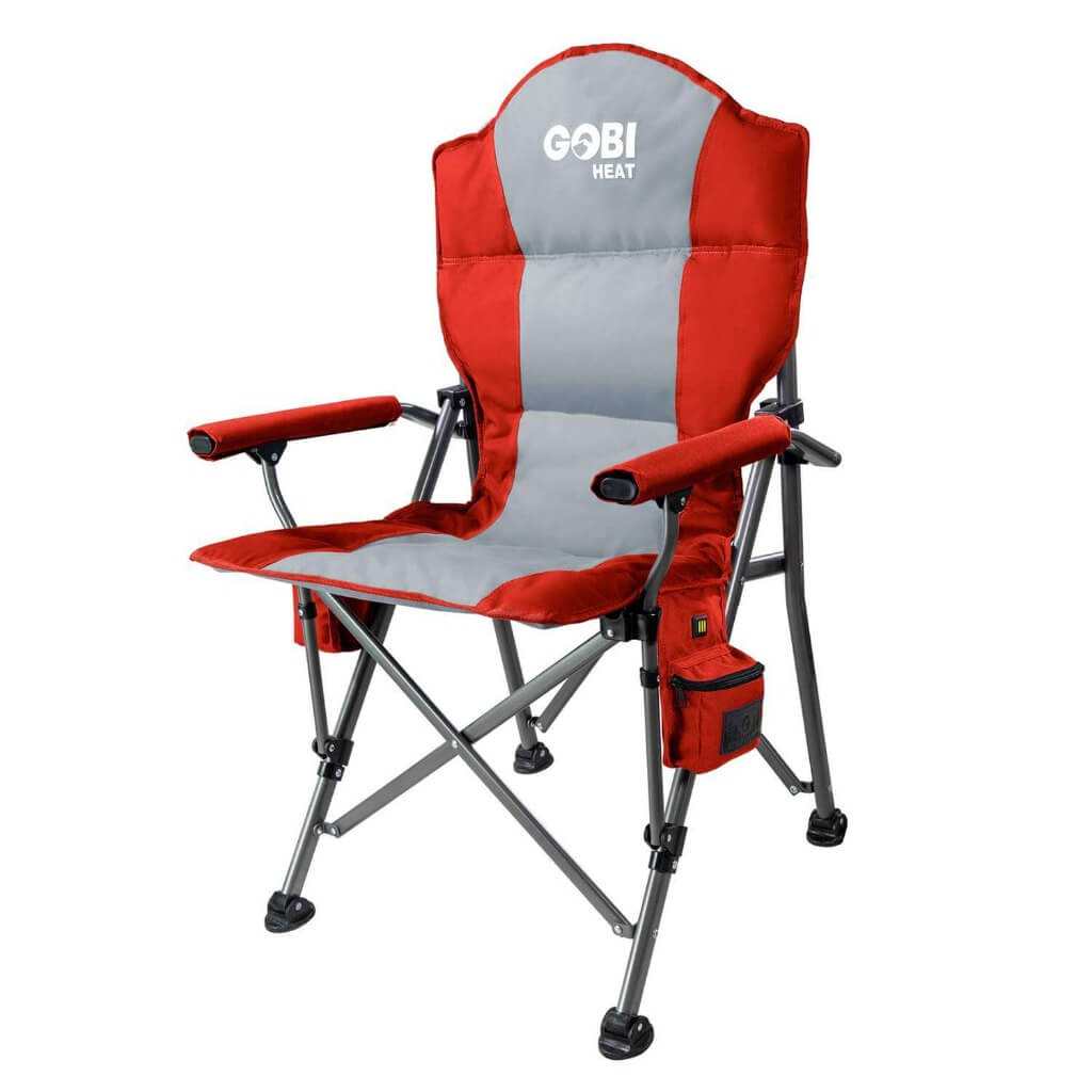 Red and gray Terrain Heated Camping Chair with padded arms and cup holder, featuring battery-powered electric warmth.