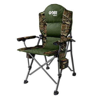 Terrain heated camping chair with durable steel frame, green fabric, padded arms, and camo accents, featuring cup holder and LED heat controller.