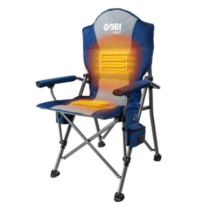 Durable Terrain Heated Camping Chair with multiple heat settings and phone charging capability.