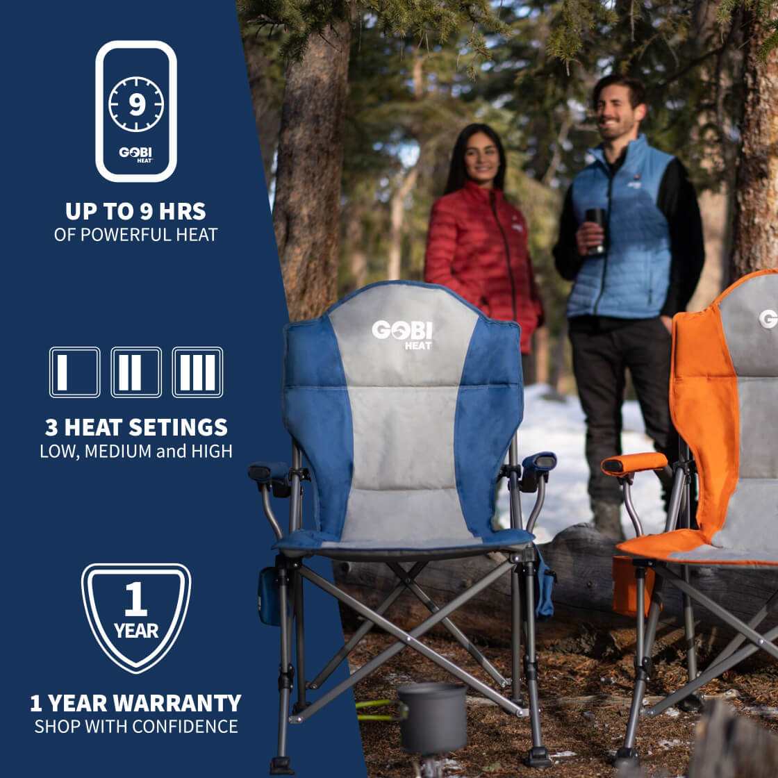 Terrain Heated Camping Chair in forest setting with three heat settings, up to 9 hours of warmth, cup holder, and one-year warranty.