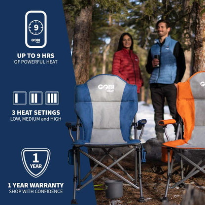 Terrain Heated Camping Chair in forest setting with three heat settings, up to 9 hours of warmth, cup holder, and one-year warranty.