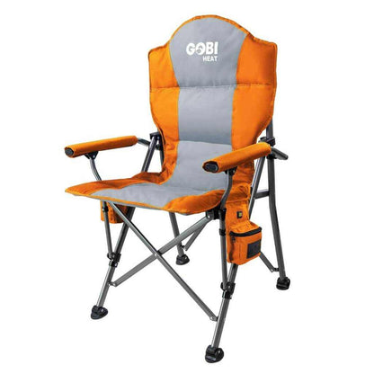 Lightweight Terrain Heated Camping Chair with battery-powered heat zones, steel frame, and polyester fabric.